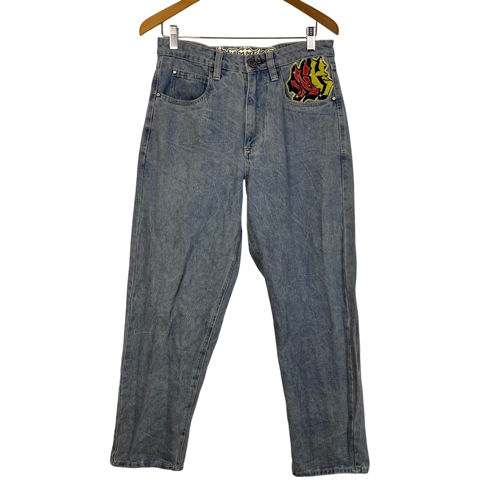 Ambush Embroidered Dragon Graffiti Baggy Jeans Blue Acid Wash Size 30 (P740)